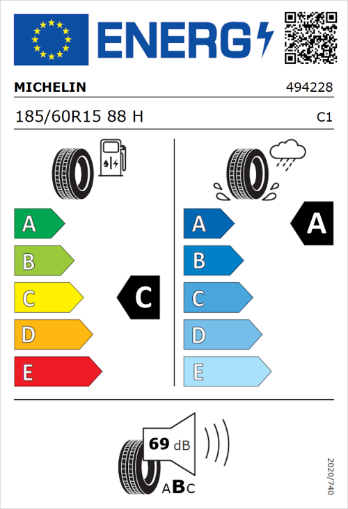 Tyre Label for Michelin Primacy 4 185/60R15 88H