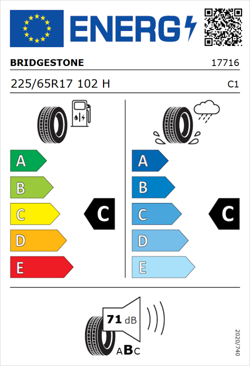 Tyre Label for Bridgestone Alenza 001 225/65R17 102H