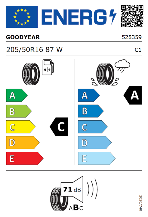 Tyre Label for Goodyear EfficientGrip Performance 205/50R16 87W